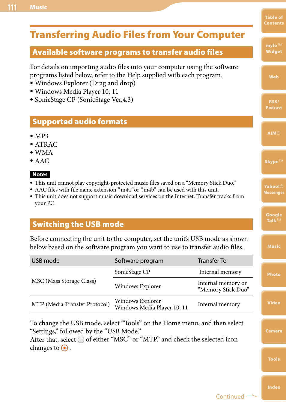 Transferring audio files from your computer, Supported audio formats, Switching the usb mode | Windows explorer (drag and drop), Windows media player 10, 11, Sonicstage cp (sonicstage ver.4.3), Atrac | Sony COM-2 User Manual | Page 111 / 270