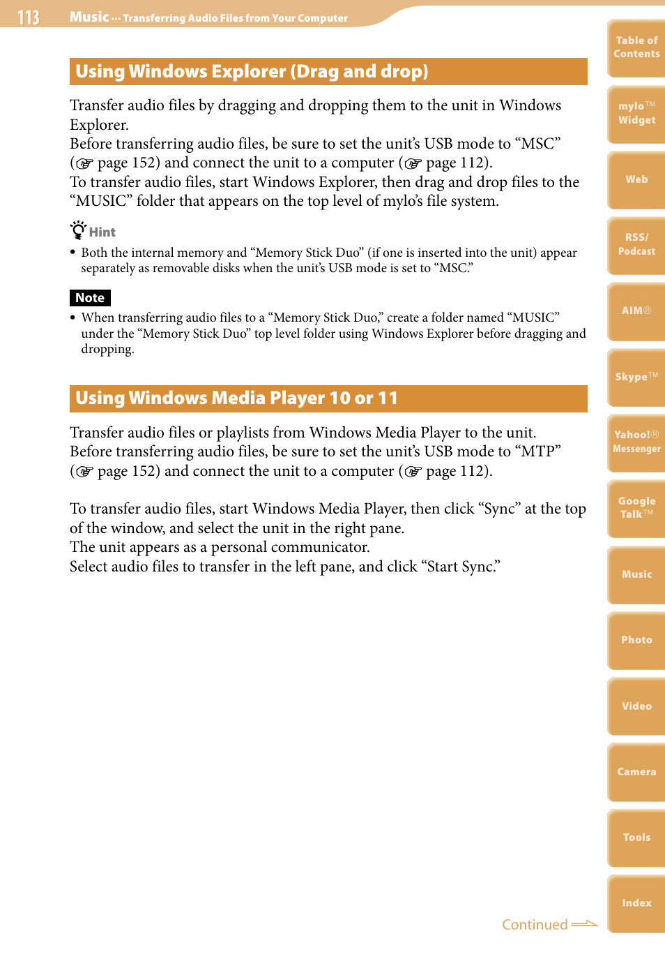 Using windows explorer (drag and drop), Using windows media player 10 or 11 | Sony COM-2 User Manual | Page 113 / 270