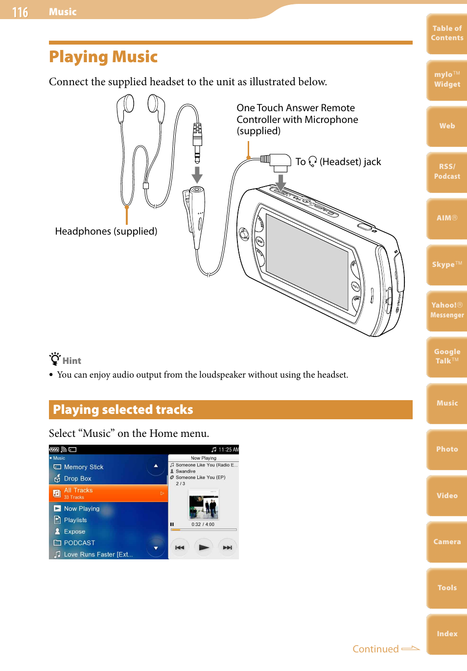 Playing music, Playing selected tracks, Select “music” on the home menu | Sony COM-2 User Manual | Page 116 / 270