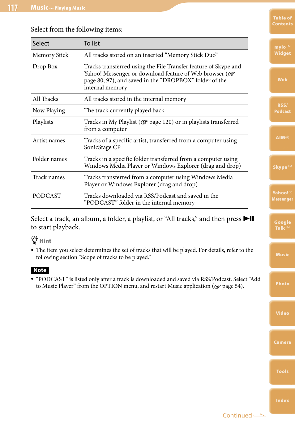 Select from the following items | Sony COM-2 User Manual | Page 117 / 270
