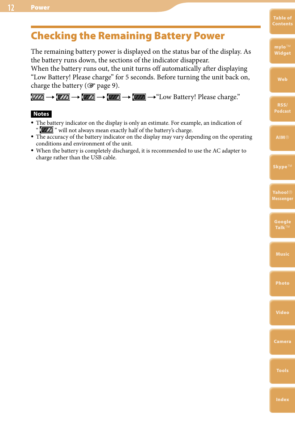 Checking the remaining battery power | Sony COM-2 User Manual | Page 12 / 270