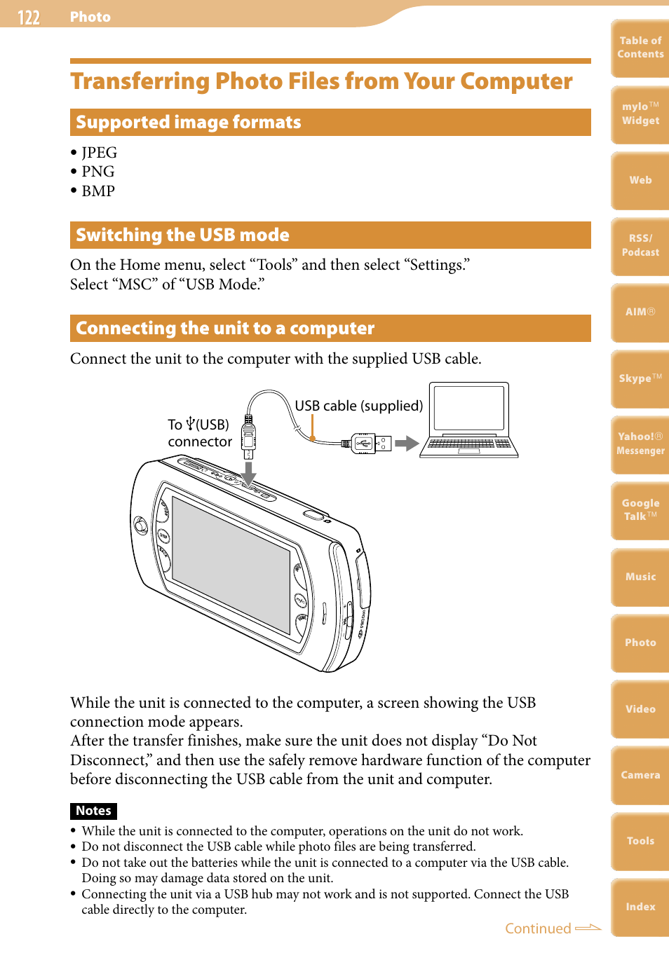 Transferring photo files from your computer, Supported image formats, Switching the usb mode | Connecting the unit to a computer, Jpeg | Sony COM-2 User Manual | Page 122 / 270