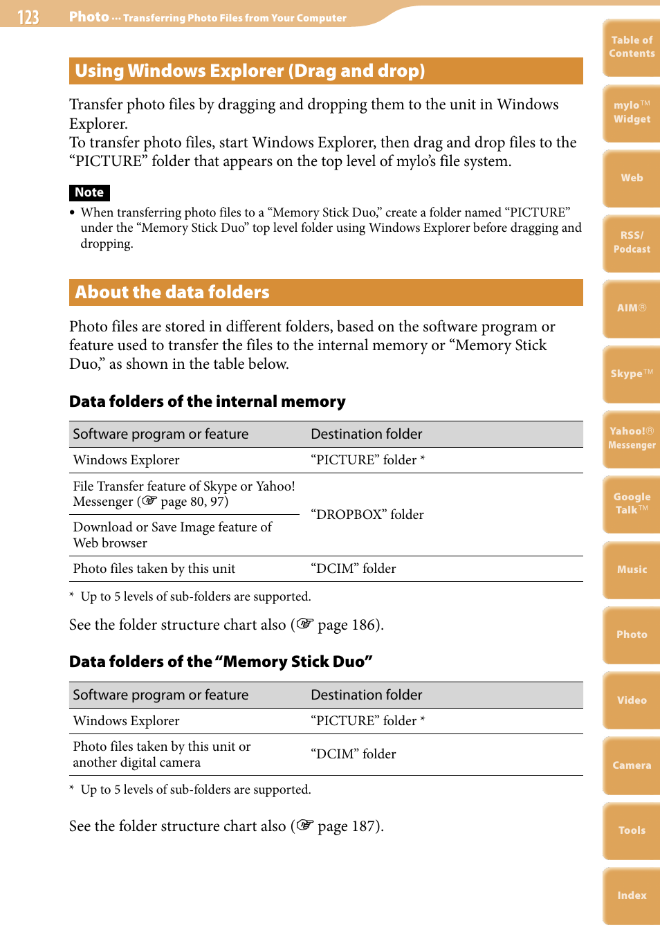 Using windows explorer (drag and drop), About the data folders, See the folder structure chart also ( page 186) | See the folder structure chart also ( page 187) | Sony COM-2 User Manual | Page 123 / 270