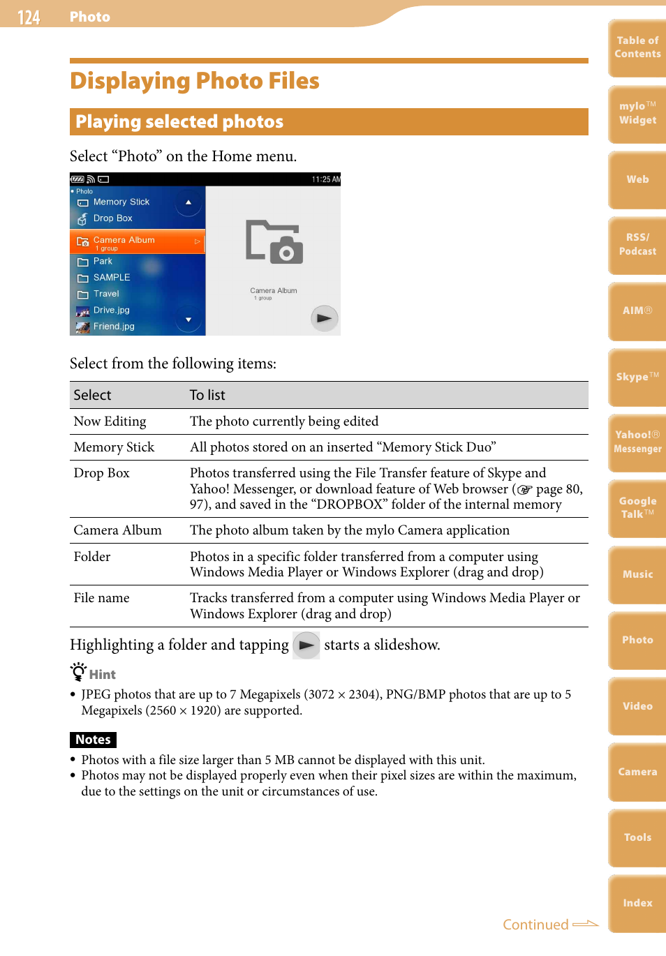 Displaying photo files, Playing selected photos | Sony COM-2 User Manual | Page 124 / 270