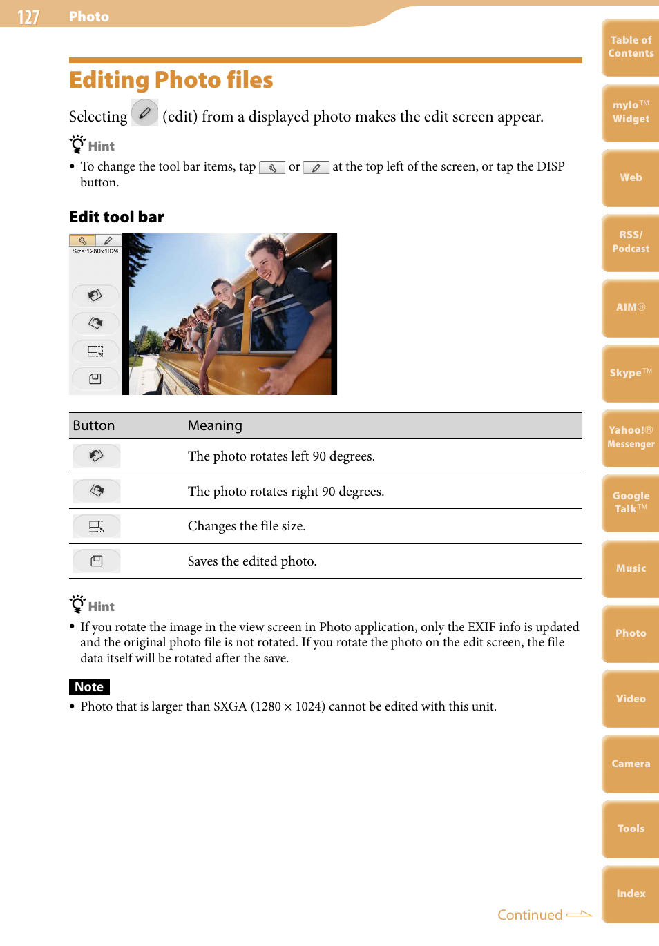 Editing photo files, Edit tool bar | Sony COM-2 User Manual | Page 127 / 270