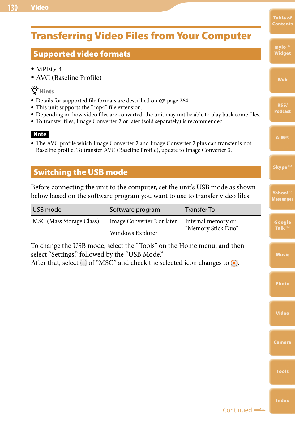 Transferring video files from your computer, Supported video formats, Switching the usb mode | Mpeg-4, Avc (baseline profile) | Sony COM-2 User Manual | Page 130 / 270