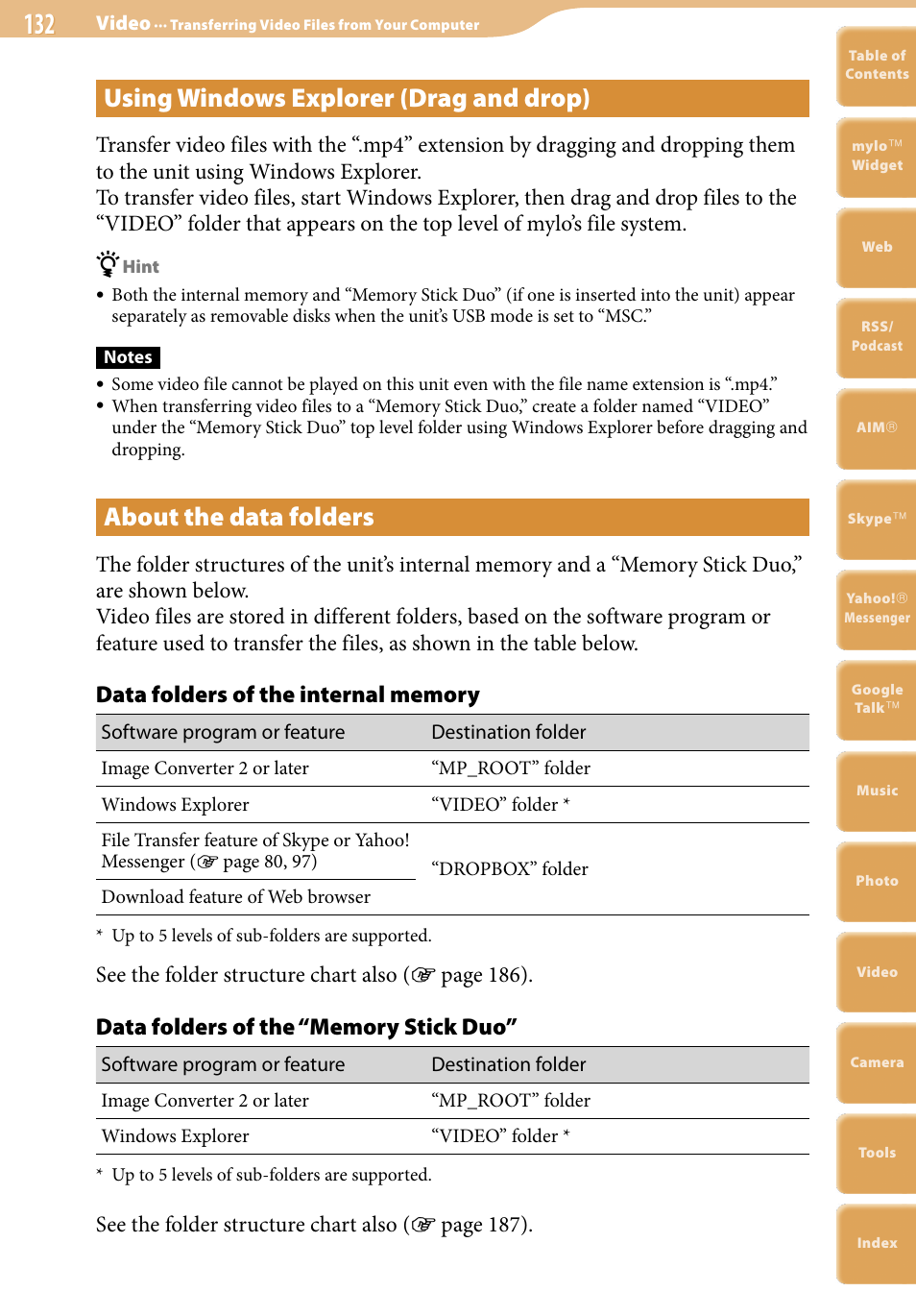 Using windows explorer (drag and drop), About the data folders, See the folder structure chart also ( page 186) | See the folder structure chart also ( page 187) | Sony COM-2 User Manual | Page 132 / 270