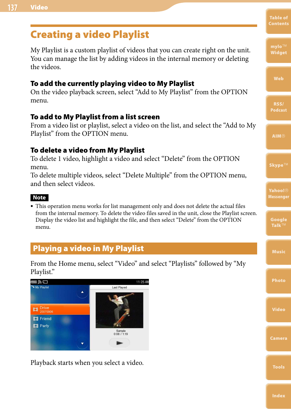 Creating a video playlist, Playing a video in my playlist | Sony COM-2 User Manual | Page 137 / 270