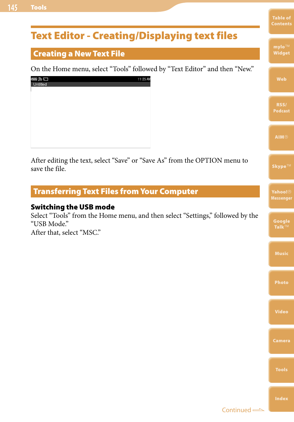 Text editor - creating/displaying text files, Creating a new text file, Transferring text files from your computer | Switching the usb mode | Sony COM-2 User Manual | Page 145 / 270