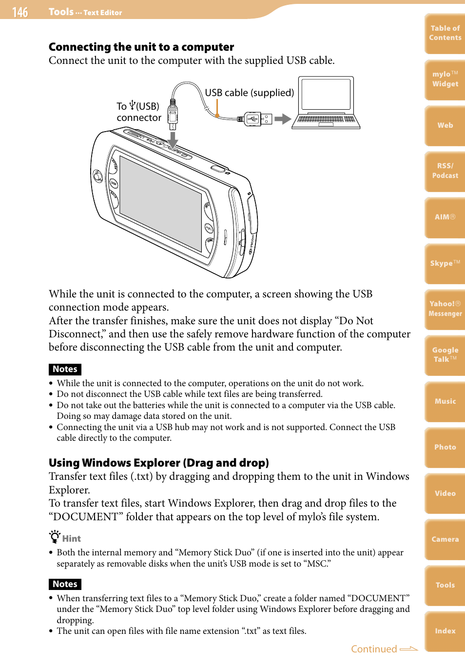 Connecting the unit to a computer, Using windows explorer (drag and drop) | Sony COM-2 User Manual | Page 146 / 270