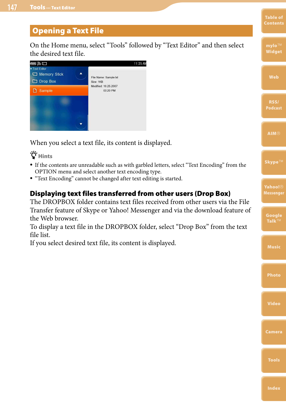 Opening a text file | Sony COM-2 User Manual | Page 147 / 270