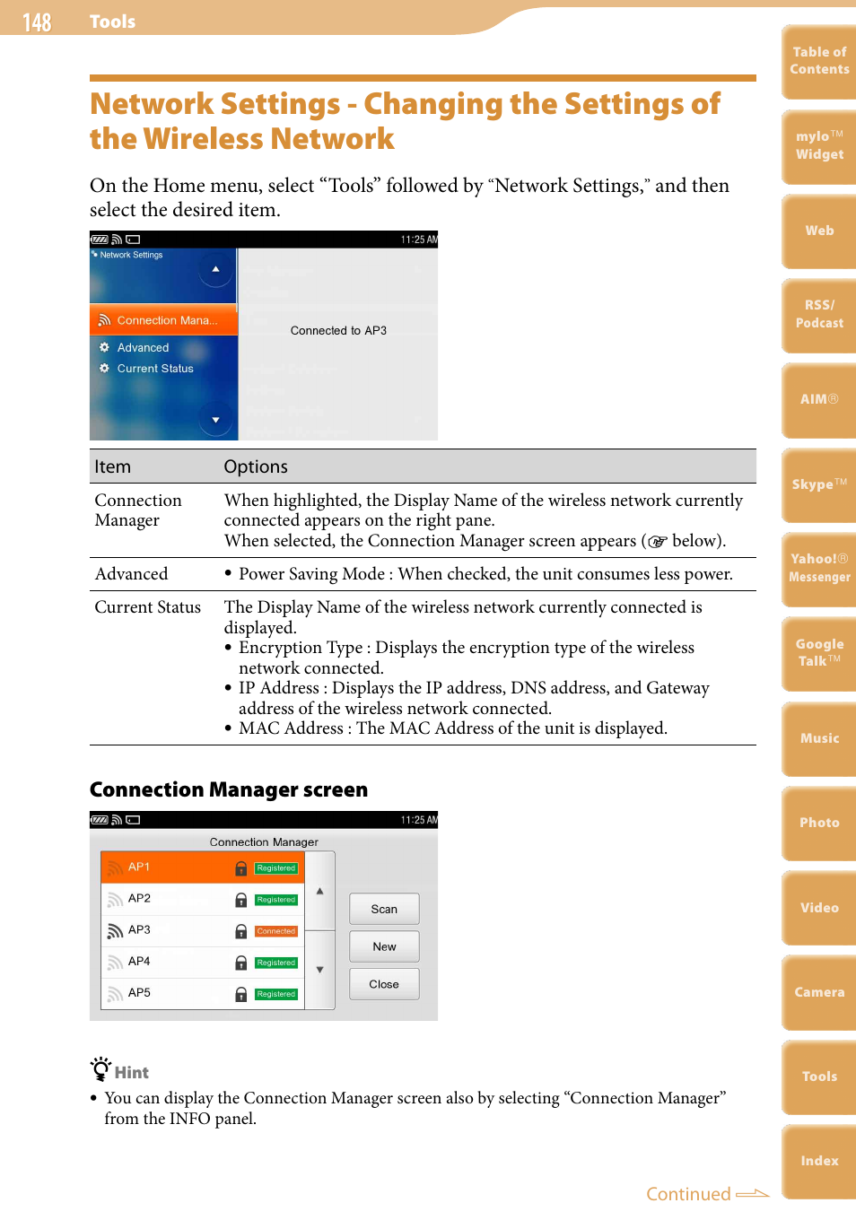 Network, Connection manager screen, On the home menu, select “tools” followed by | Network settings, And then select the desired item | Sony COM-2 User Manual | Page 148 / 270