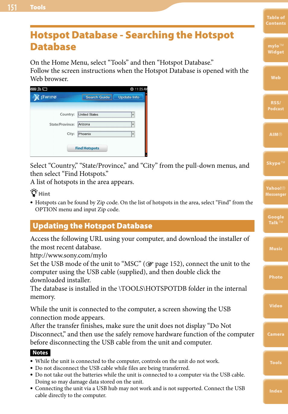 Hotspot database - searching the hotspotdatabase, Updating the hotspot database, Hotspot database - searching the hotspot database | Sony COM-2 User Manual | Page 151 / 270
