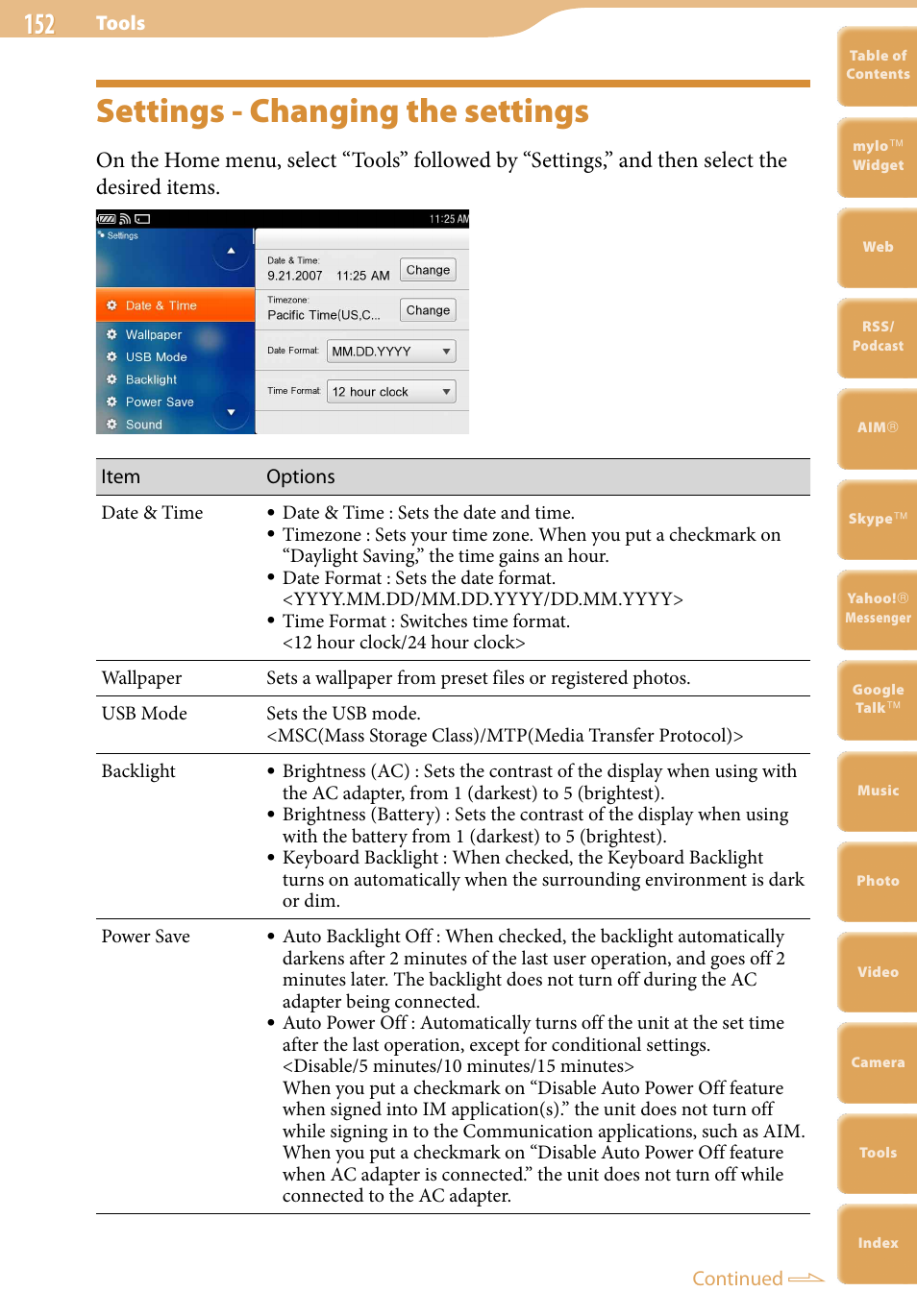 Settings - changing the settings | Sony COM-2 User Manual | Page 152 / 270