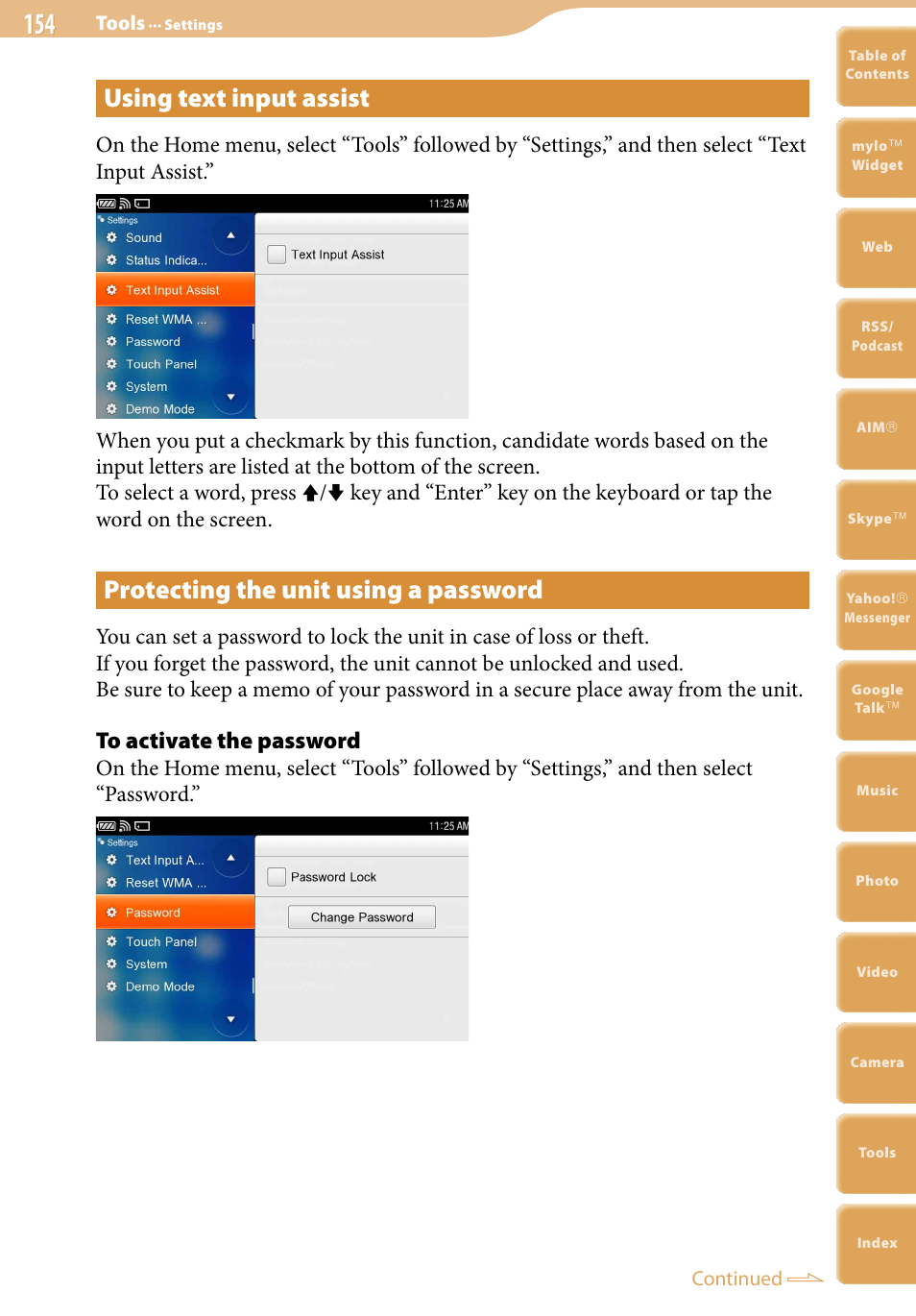 Using text input assist, Protecting the unit using a password | Sony COM-2 User Manual | Page 154 / 270