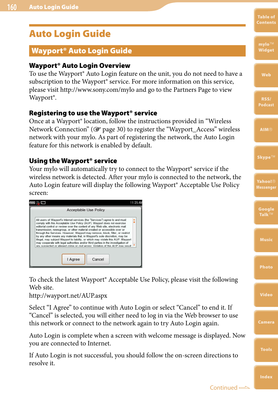 Auto login guide, Wayport® auto login guide, Wayport® auto login overview | Registering to use the wayport® service, Using the wayport® service | Sony COM-2 User Manual | Page 160 / 270