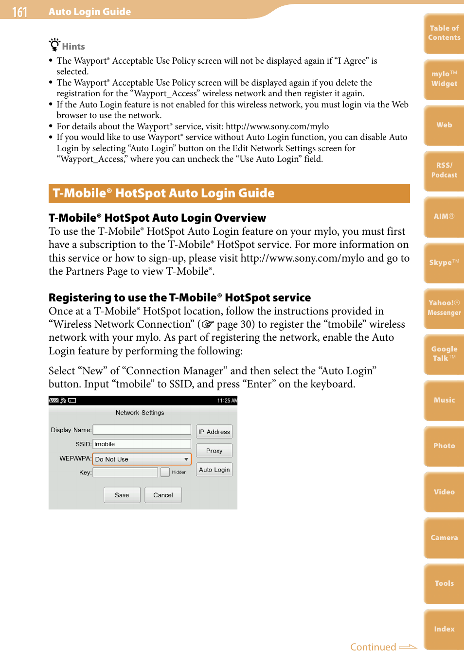 T-mobile® hotspot auto login guide, T-mobile® hotspot auto login overview, Registering to use the t-mobile® hotspot service | Sony COM-2 User Manual | Page 161 / 270