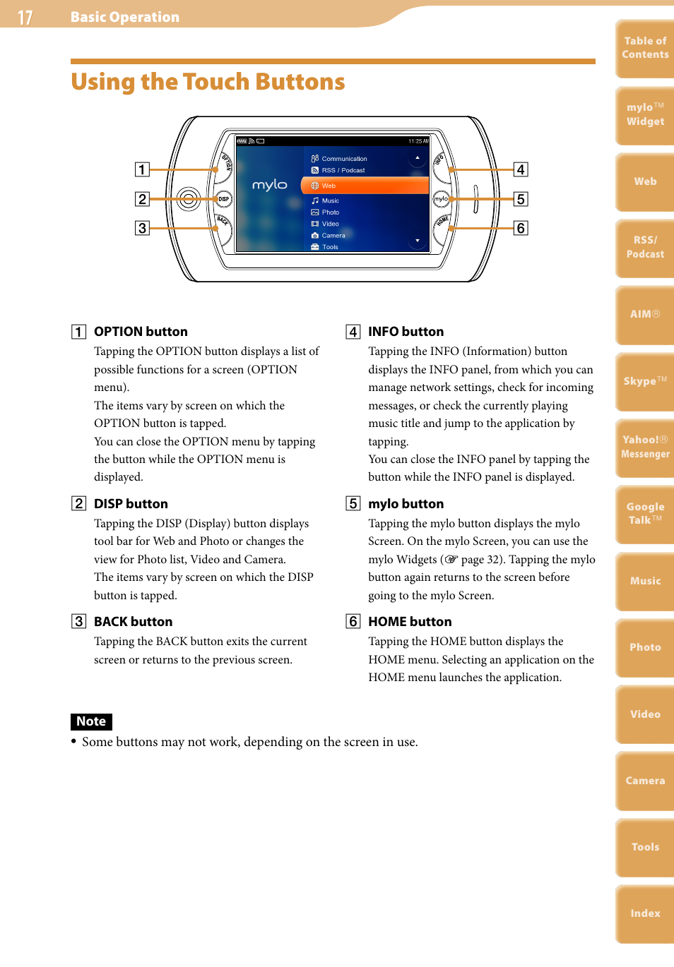 Using the touch buttons, Basic operation | Sony COM-2 User Manual | Page 17 / 270