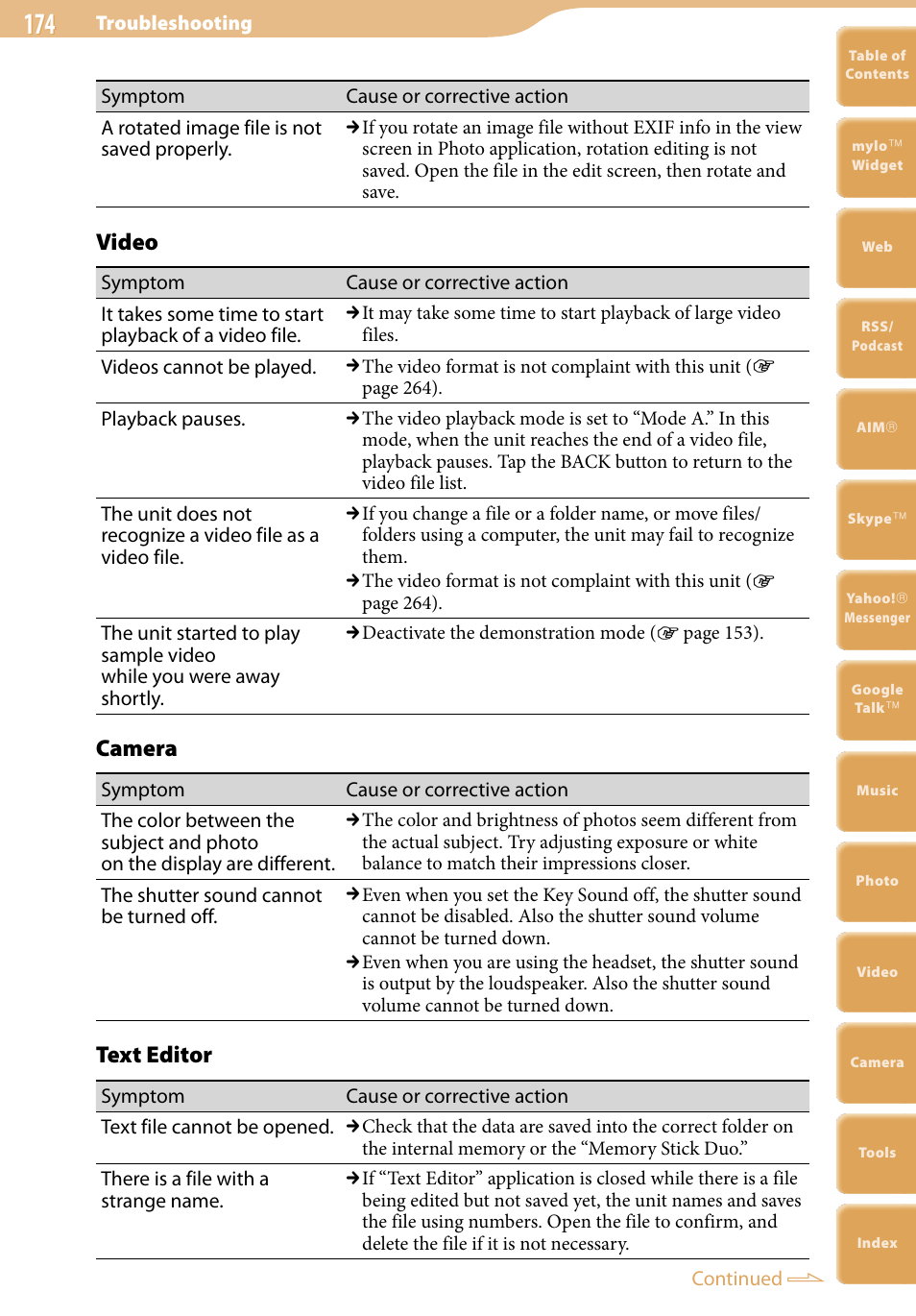 Video, Camera, Text editor | Sony COM-2 User Manual | Page 174 / 270