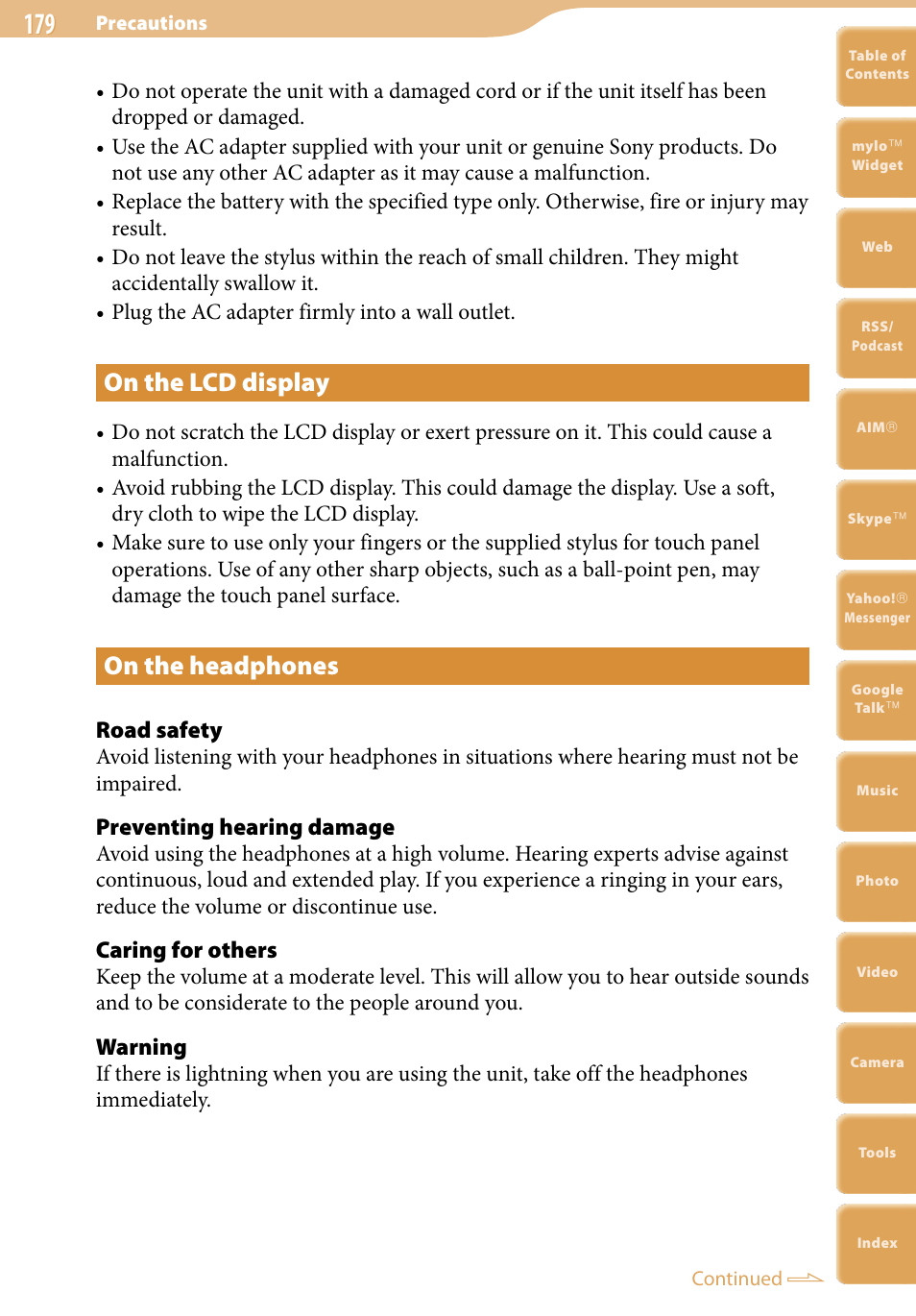 On the lcd display, On the headphones, Road safety | Preventing hearing damage, Caring for others, Warning | Sony COM-2 User Manual | Page 179 / 270