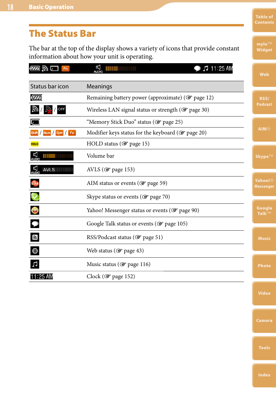 The status bar | Sony COM-2 User Manual | Page 18 / 270