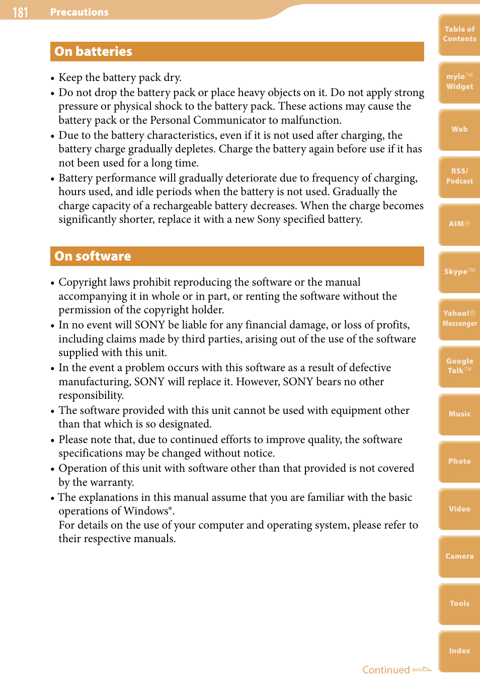 On batteries, On software | Sony COM-2 User Manual | Page 181 / 270