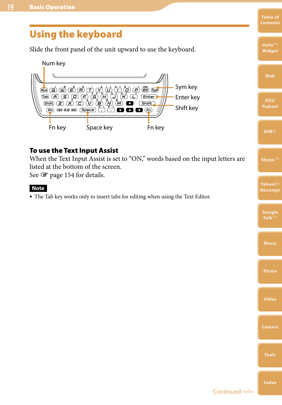Using the keyboard | Sony COM-2 User Manual | Page 19 / 270