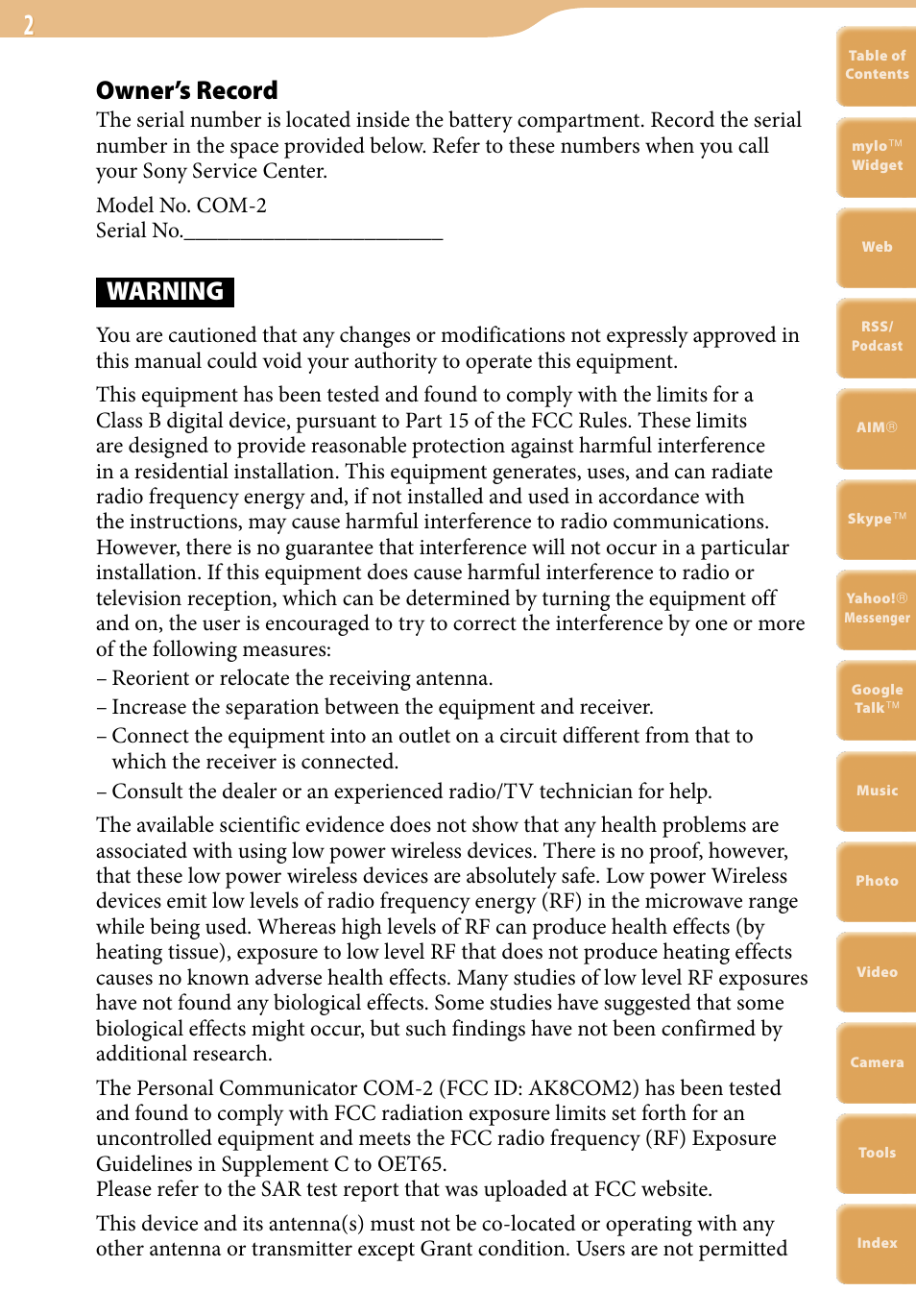 Owner’s record, Warning | Sony COM-2 User Manual | Page 2 / 270