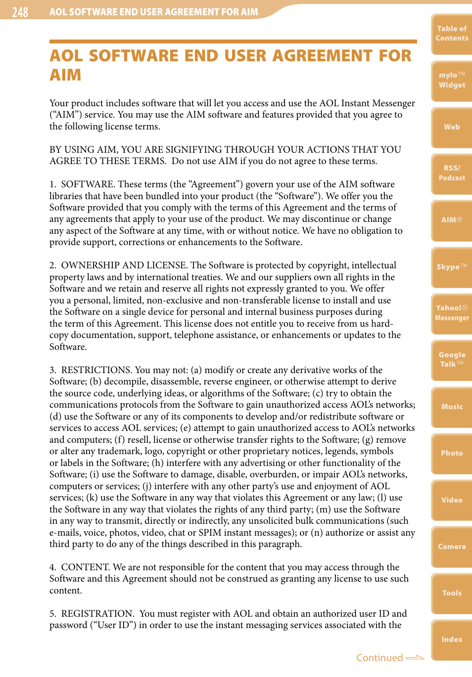 Aol software end user agreement for aim | Sony COM-2 User Manual | Page 248 / 270