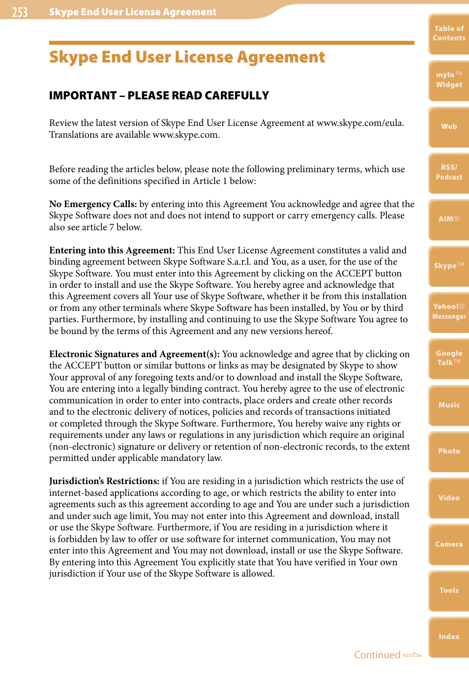 Skype end user license agreement, Important – please read carefully | Sony COM-2 User Manual | Page 253 / 270