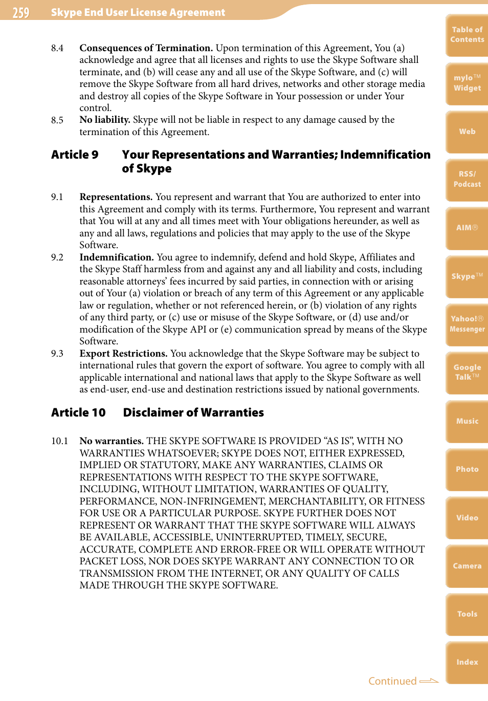Article 10 disclaimer of warranties | Sony COM-2 User Manual | Page 259 / 270