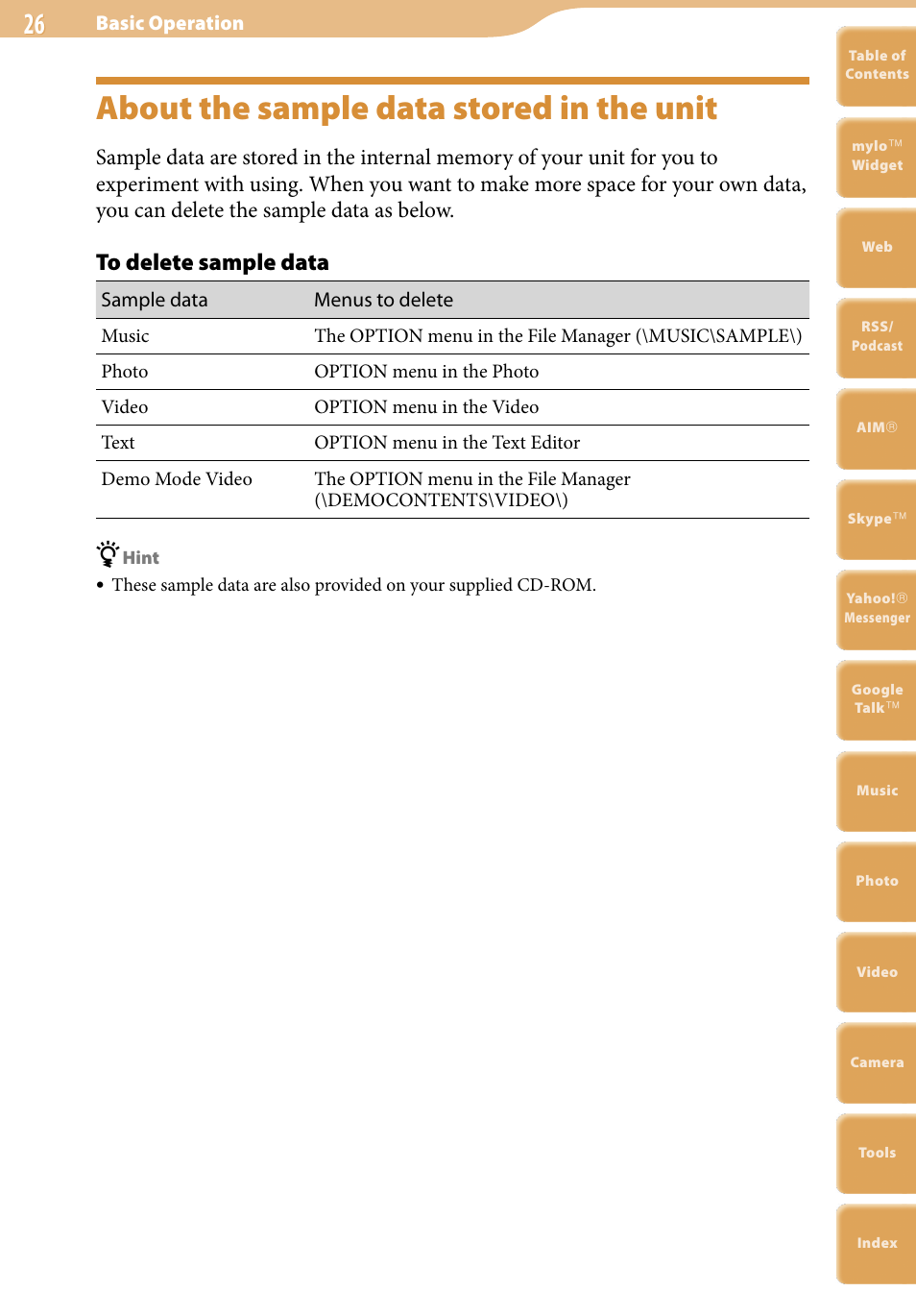 About the sample data stored in the unit | Sony COM-2 User Manual | Page 26 / 270