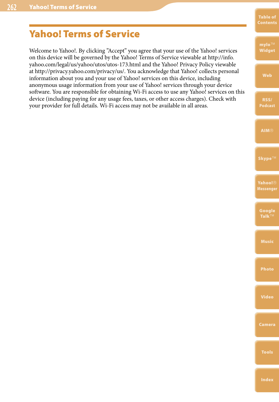 Yahoo! terms of service | Sony COM-2 User Manual | Page 262 / 270