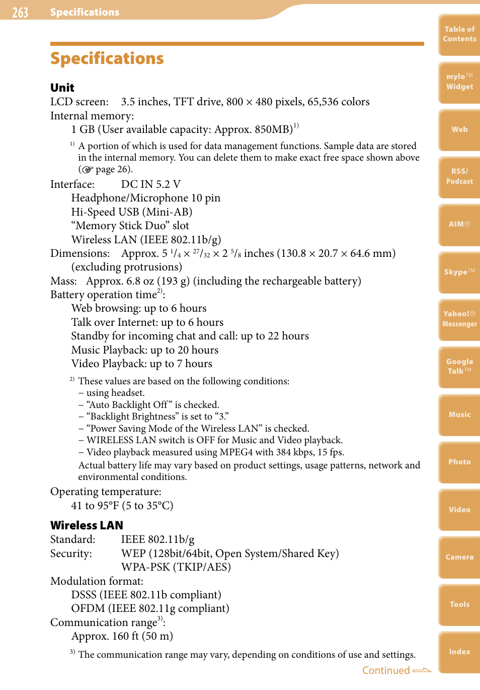 Specifications, Unit, Wireless lan | Sony COM-2 User Manual | Page 263 / 270