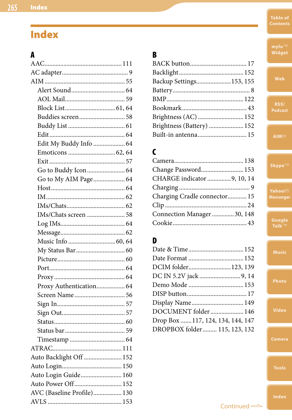 Index | Sony COM-2 User Manual | Page 265 / 270