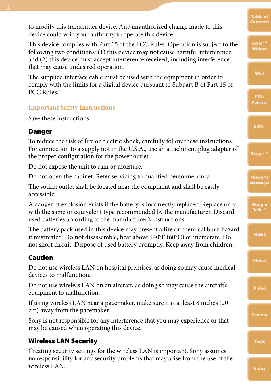 Important safety instructions, Danger, Caution | Wireless lan security, Save these instructions | Sony COM-2 User Manual | Page 3 / 270