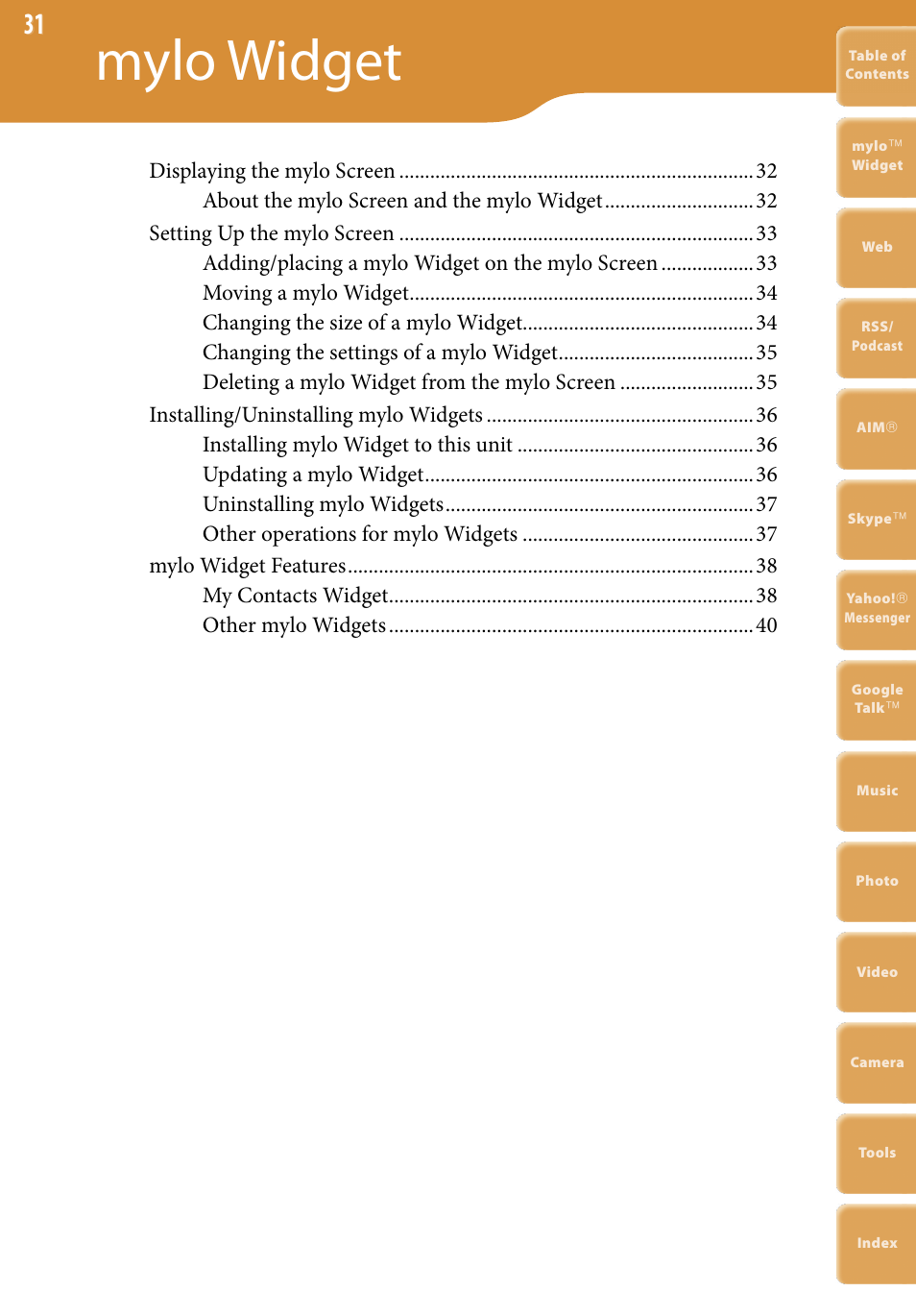 Mylo widget | Sony COM-2 User Manual | Page 31 / 270