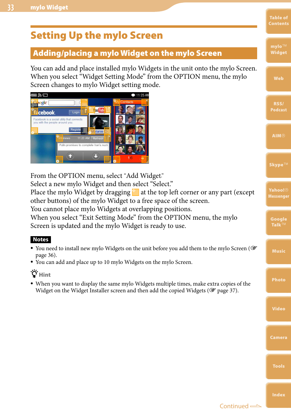 Setting up the mylo screen, Adding/placing a mylo widget on the mylo screen, Add widget | Sony COM-2 User Manual | Page 33 / 270