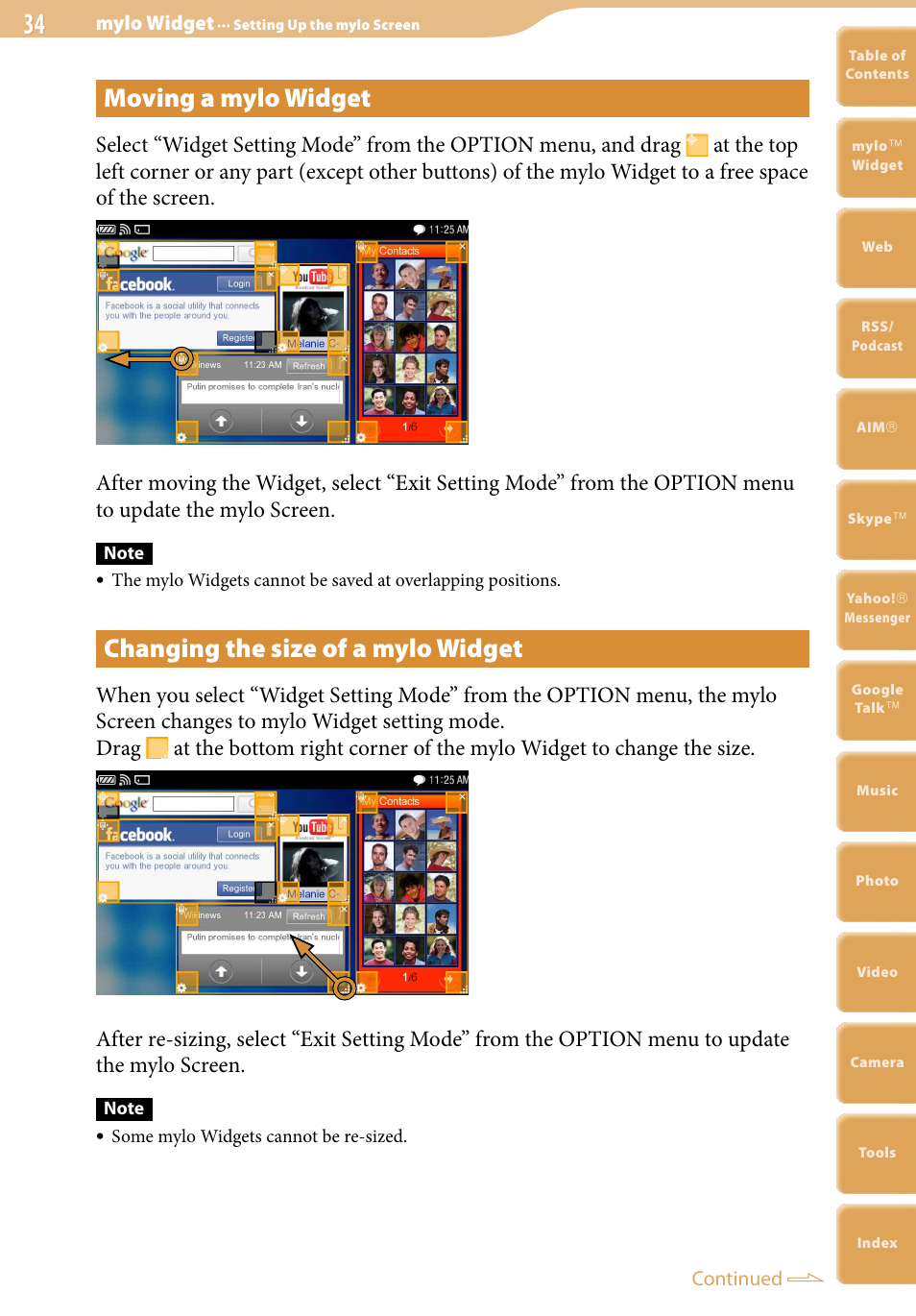 Moving a mylo widget, Changing the size of a mylo widget | Sony COM-2 User Manual | Page 34 / 270