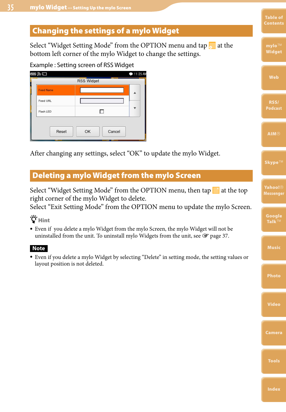 Changing the settings of a mylo widget, Deleting a mylo widget from the mylo screen | Sony COM-2 User Manual | Page 35 / 270