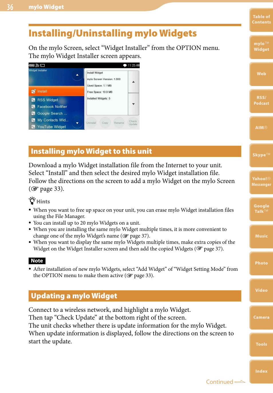 Installing/uninstalling mylo widgets, Installing mylo widget to this unit, Updating a mylo widget | Sony COM-2 User Manual | Page 36 / 270