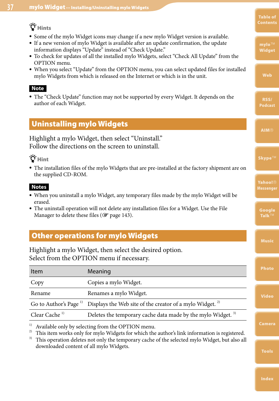 Uninstalling mylo widgets, Other operations for mylo widgets, Item meaning | Mylo widget | Sony COM-2 User Manual | Page 37 / 270