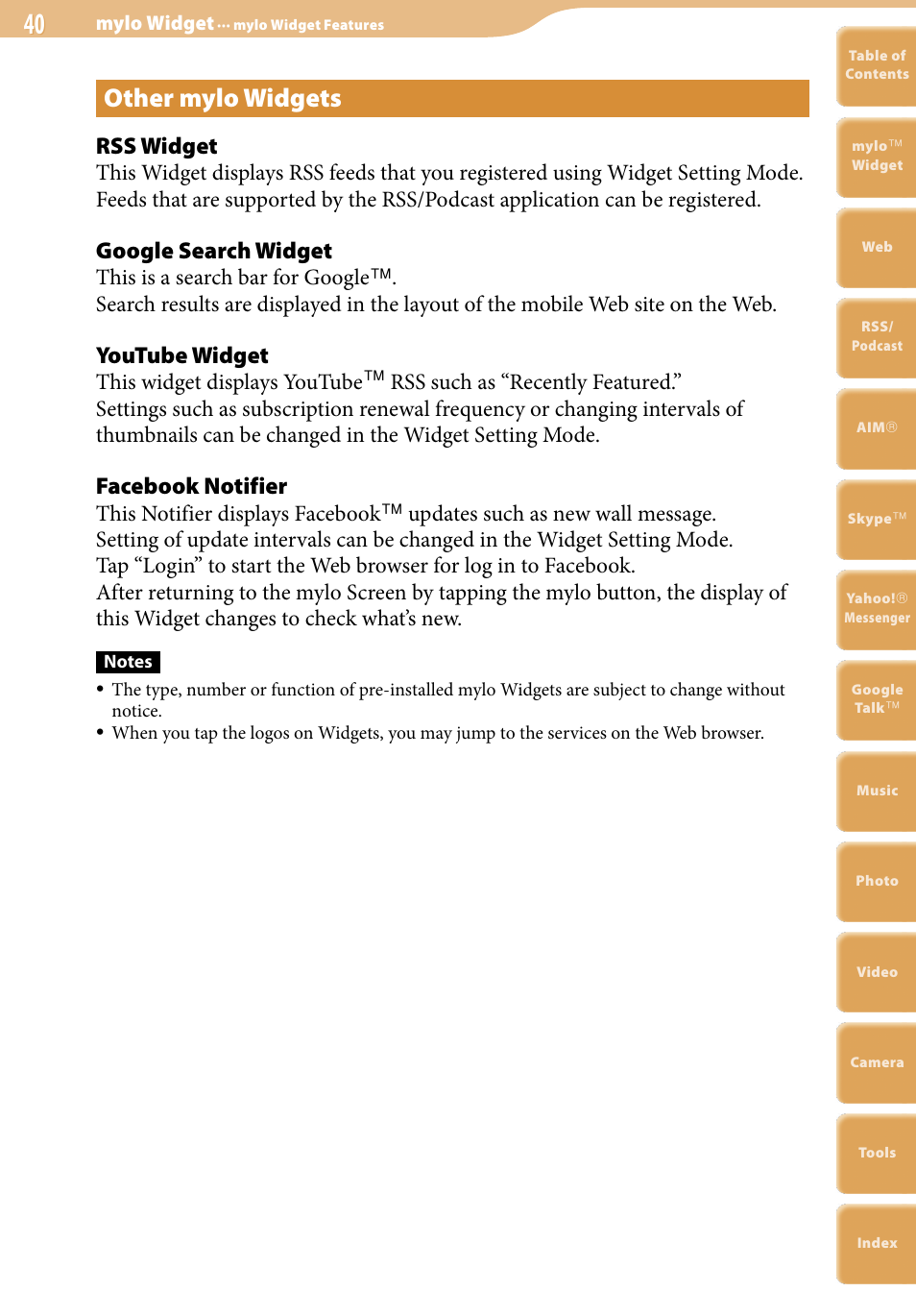 Other mylo widgets, Rss widget, Google search widget | Youtube widget, Facebook notifier, This is a search bar for google, This widget displays youtube, This notifier displays facebook | Sony COM-2 User Manual | Page 40 / 270