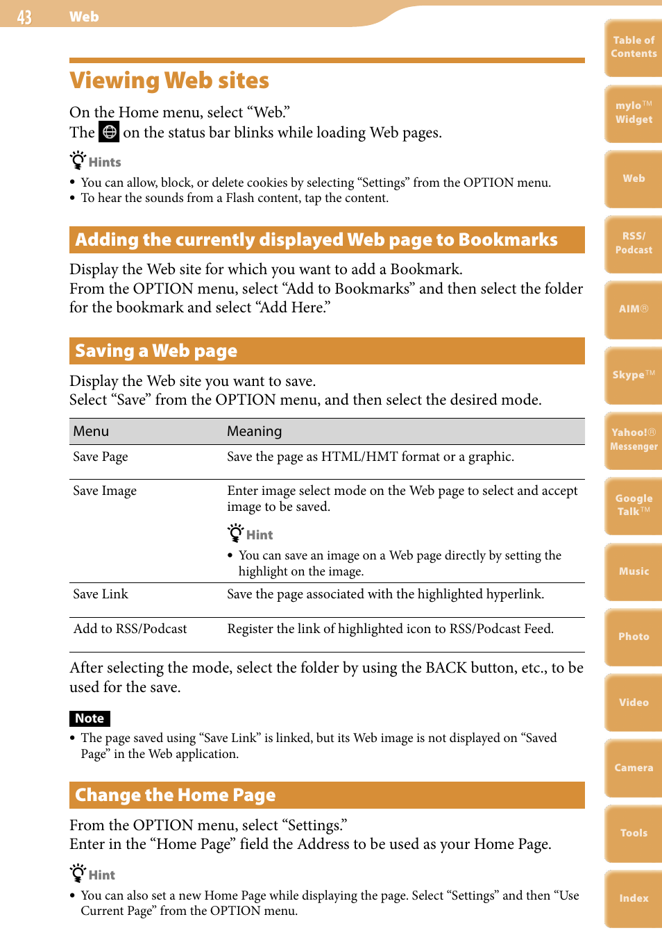 Viewing web sites, Saving a web page, Change the home page | Sony COM-2 User Manual | Page 43 / 270