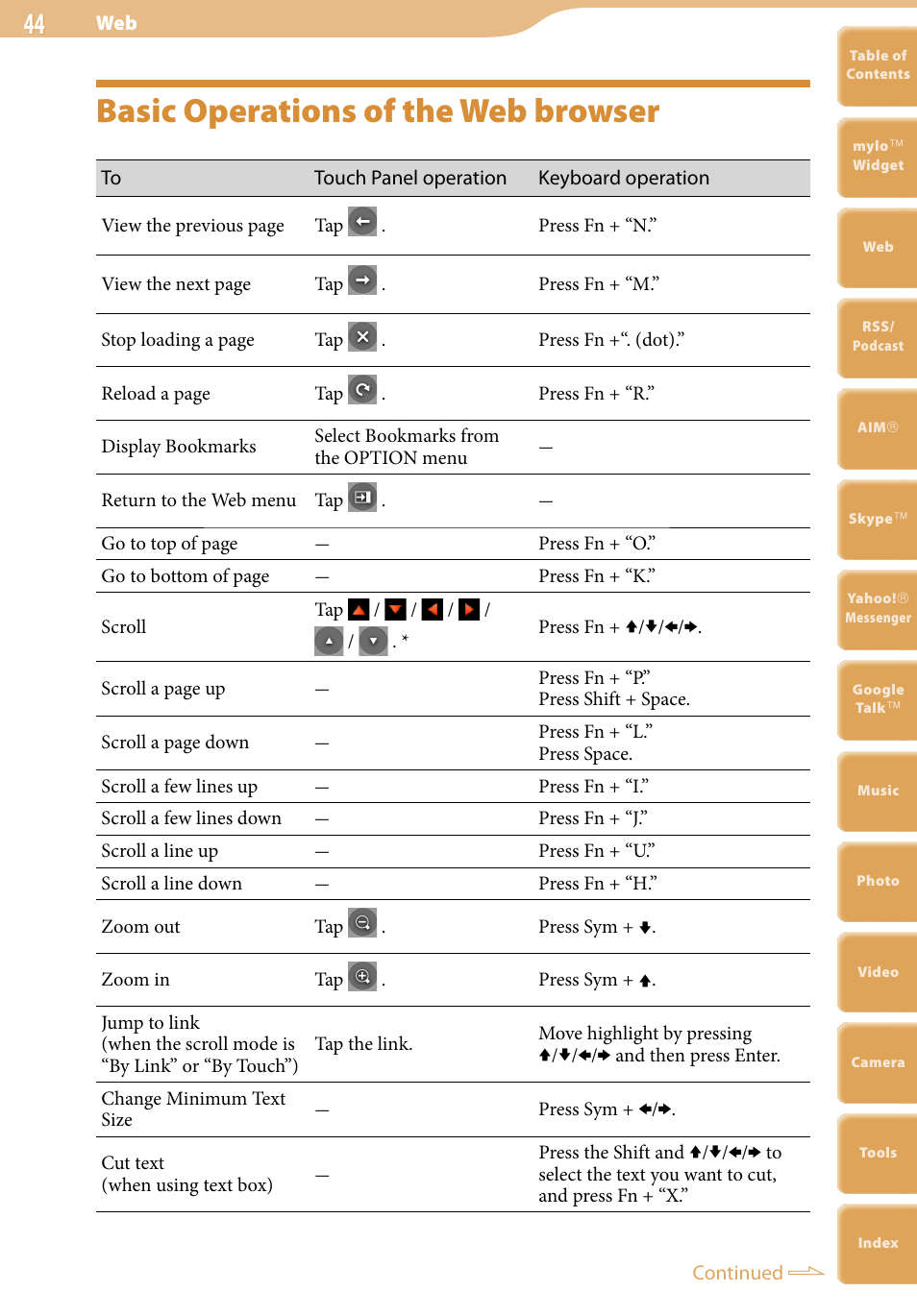 Basic operations of the web browser | Sony COM-2 User Manual | Page 44 / 270