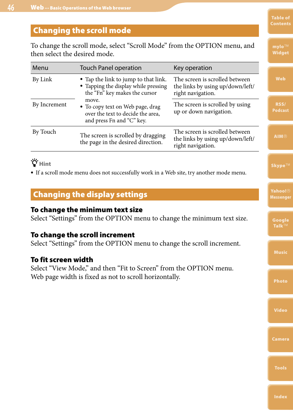 Changing the scroll mode, Changing the display settings | Sony COM-2 User Manual | Page 46 / 270