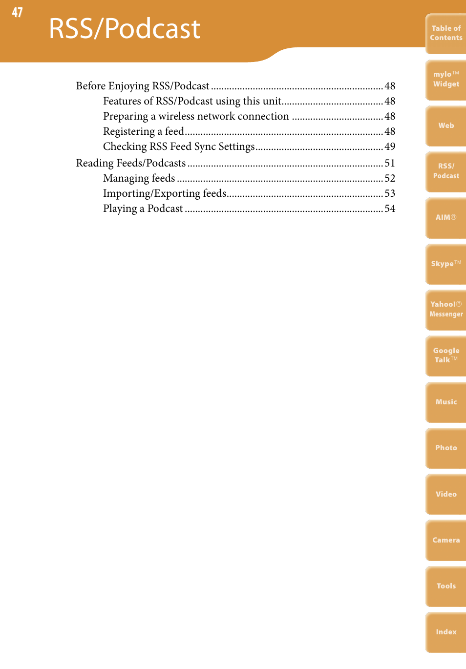 Rss/podcast | Sony COM-2 User Manual | Page 47 / 270