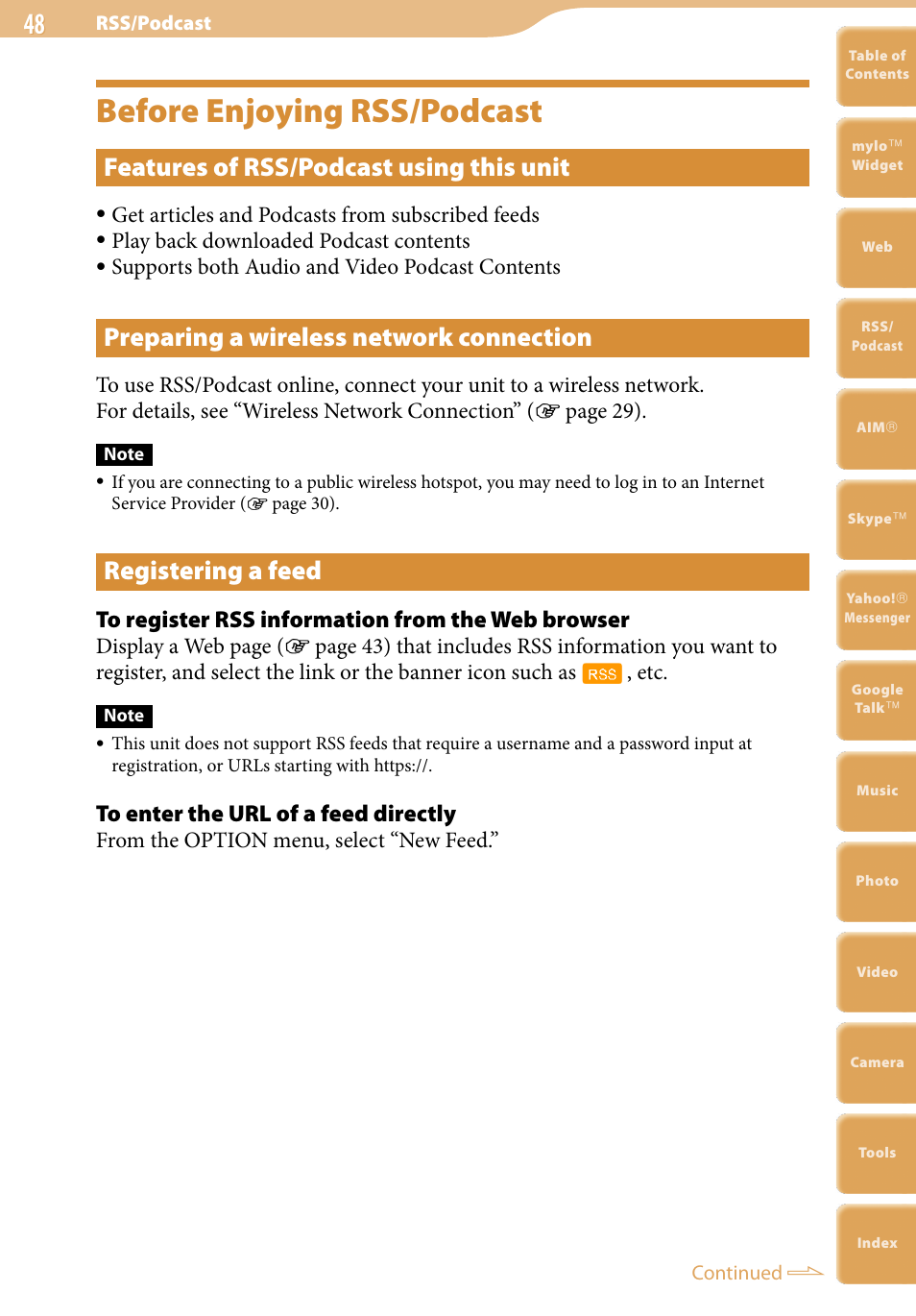 Before enjoying rss/podcast, Features of rss/podcast using this unit, Preparing a wireless network connection | Registering a feed, Get articles and podcasts from subscribed feeds, Play back downloaded podcast contents, Supports both audio and video podcast contents | Sony COM-2 User Manual | Page 48 / 270