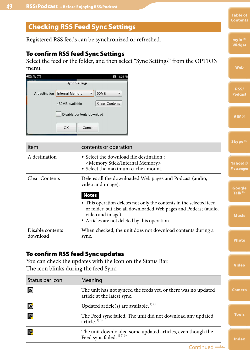 Checking rss feed sync settings | Sony COM-2 User Manual | Page 49 / 270