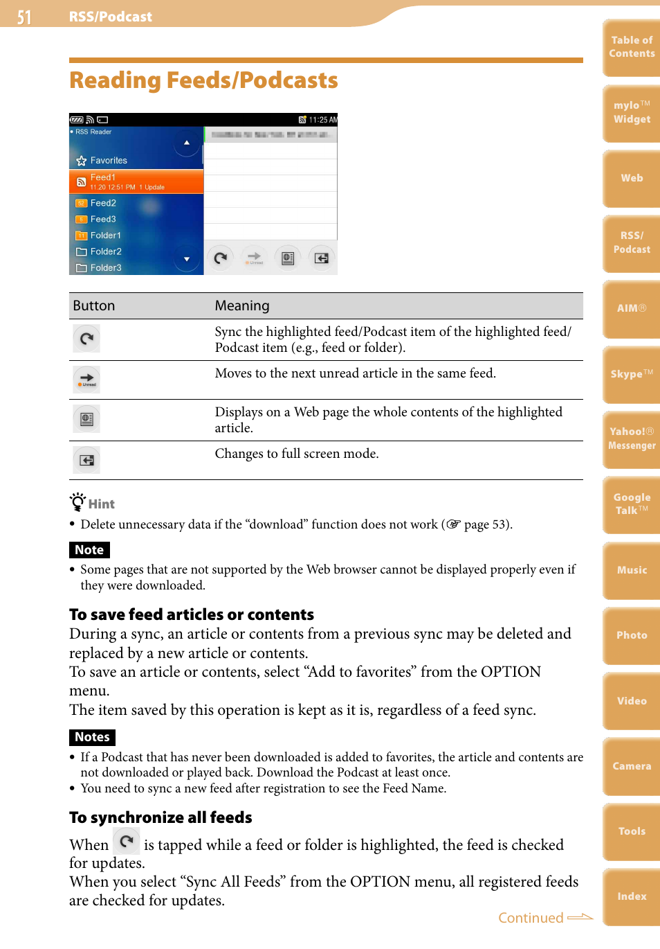 Reading feeds/podcasts | Sony COM-2 User Manual | Page 51 / 270